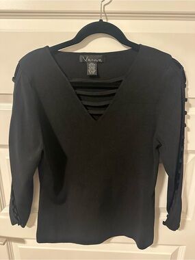 Venue Black Strappy V-Neck Long Sleeve Top